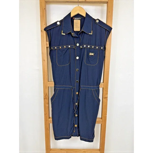 Lazenzaro Blue Pockets Sleeveless Collared Utility Snap Up Dress #1563 Size MED - Picture 1 of 5